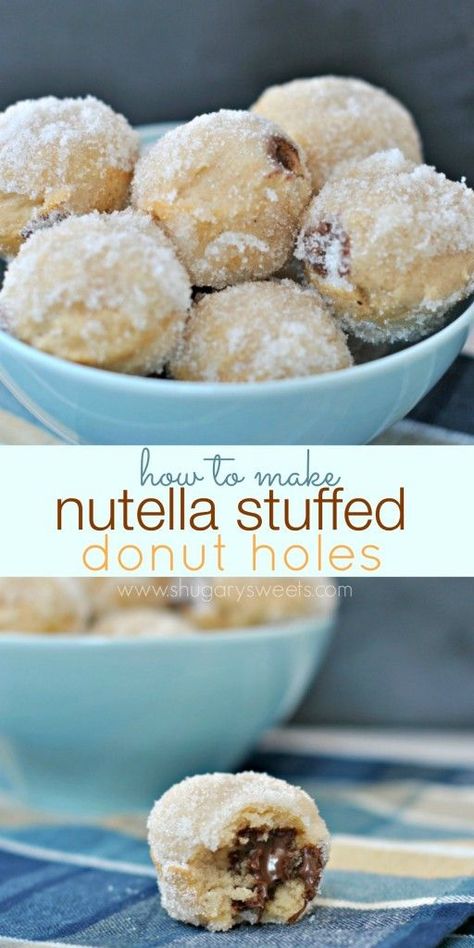 Nutella Stuffed Donut Holes: How to make bite sized sugar coated donut holes filled with nutella! Doughnut Hole Recipe, Doughnut Holes, Shugary Sweets, Donut Holes, Nutella Recipes, Dairy Queen, Cake Business, Fudge Brownies, Yummy Sweets