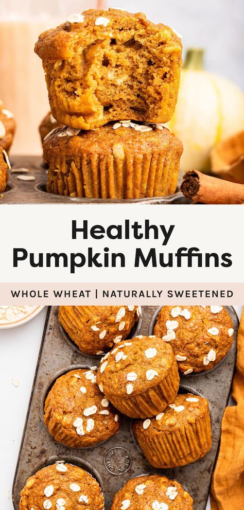 These healthy pumpkin muffins are moist, fluffy and delicious! They're naturally sweetened and made with whole wheat flour, rolled oats, yogurt and fall spices. Whole Wheat Pumpkin Muffins, Oats Yogurt, Healthy Pumpkin Muffins, Greek Yogurt Muffins, Yogurt Muffins, Pumpkin Recipes Healthy, Pumpkin Muffin Recipes, Homemade Pumpkin Puree, Pumpkin Recipes Dessert