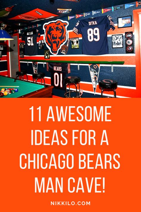 Today, I’m sharing 11 ideas for building and decorating your Chicago Bears themed man cave to help you turn your space into the perfect place for watching games and hosting tailgate parties. I’m sharing a variety of ideas based around decor, furniture, layout, wall paint, flooring, and more, so this article is a great jumping off point if you’re just getting started and looking for inspiration. Tap or click to keep reading! Chicago Bears Man Cave Ideas, Chicago Bears Room, Man Cave Names, Chicago Bears Man Cave, Baseball Chair, Sports Room Man Cave, Man Cave Ideas Sports, Red Sox Room, Garage Paint Colors