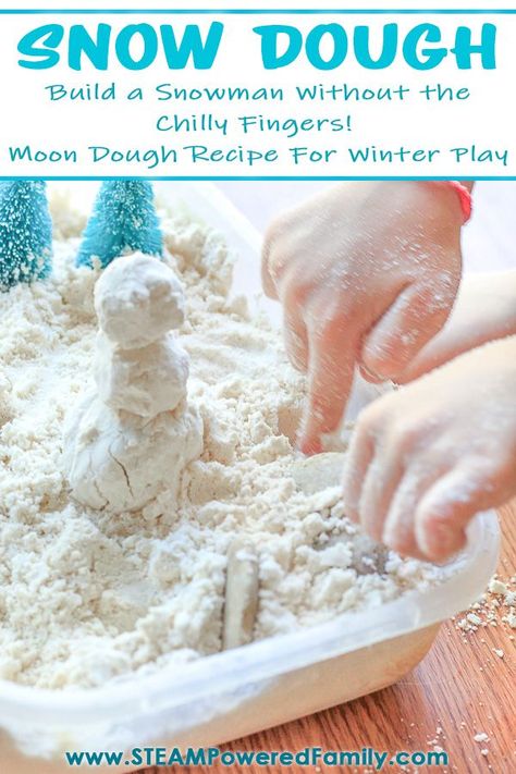 Snow Dough is perfect for winter play without the chilly fingers and toes. Using our new and amazingly silky Moon Dough recipe, this taste safe, snowman building version is perfection. Kids will enjoy the incredible sensory experience provided by this silky version of moon dough that is so easy to make, they can do it themselves. Plus you can challenge them to build a snowman, all while staying in the warm indoors. #WinterActivities #MoonDough #SnowDough #WinterPlay #SnowDay #Sensory Sensory Snow, Snow Dough, Winter Sensory Bin, Winter Sensory, Sensory Dough, Make Snow, Sensory Bin Ideas, Winter Play, Snow Theme