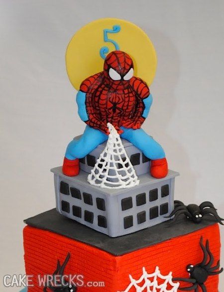 Not sure what is more wrong... where the web is originating from or the fact that it looks as though Spidey is popping a squat on the top of the building.  Wrong, wrong, just wrong. Cake Fail, Cakes Gone Wrong, New Spiderman Movie, Spidey Sense, Cake Fails, Party Fail, Spiderman Web, Cake Wrecks, Hand Gestures