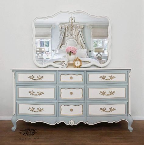 Bedroom French Provincial, Provincial Nursery, French Provincial Nursery, French Provincial Vanity Makeover, Dresser Makeover White, Pink Painted Dresser, Painted French Provincial Furniture, Gray Morning, Dresser Remodel