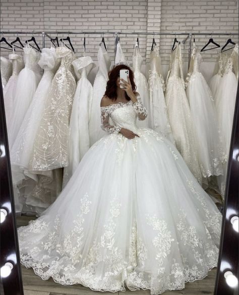 Cinderella Wedding Dress With Sleeves, Ballgown Wedding Dress With Train, Glittery Ballgown Wedding Dresses, Ballgown Dress With Sleeves, Big Long Sleeve Wedding Dress, Wedding Dresses Corset Top Long Sleeve, Poofy Lace Wedding Dress, Fluffy Wedding Dress Princesses, Big Fluffy Wedding Dresses