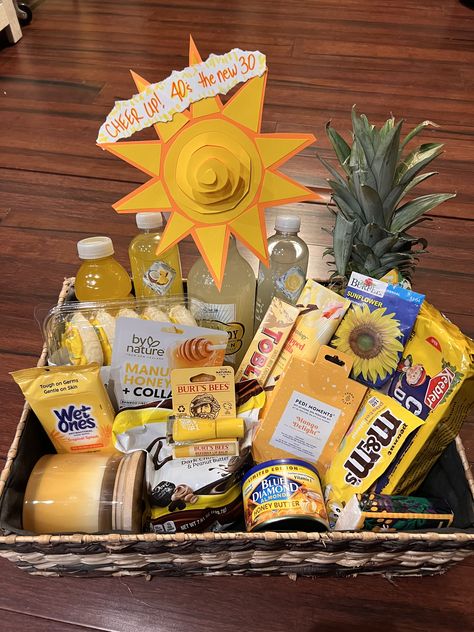 Sunshine basket Happy Basket, Sunshine Basket, Basket Of Sunshine, Summer Gift Baskets, Rainbow Gift, Gift Of Time, Hello Sunshine, Burts Bees, Summer Gift