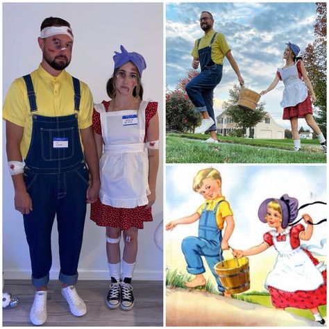 Nursery Rhymes Halloween Costumes, Jack And Jill Outfit Ideas, Rhyme Halloween Costumes, Jack And Jill Halloween Costume, Jack And Jill Costume Couple, Rhyming Costumes, Jack And Jill Costume, Nursery Rhyme Costumes, Nursery Rhyme Costume