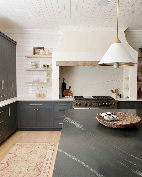 Stove Alcove Round Up - Farmhouse Living Stove Alcove, Marble Kitchen Island, Soapstone Countertops, Kitchen Hoods, Grey Kitchen Cabinets, Grey Cabinets, Kitchen Marble, Cheap Home Decor, Dream Kitchen