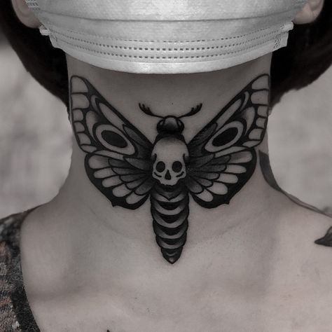 Deaths hawk moth neck tattoo #moth #skull #necktattoo #blackwork #blacktraditional #traditional #dark #blackwork Throat Tattoos, Traditional Moth Tattoo, Moth Tattoo Design, Hawk Tattoo, Skull Hand Tattoo, Throat Tattoo, Wicked Tattoos, Moth Tattoo, Incredible Tattoos