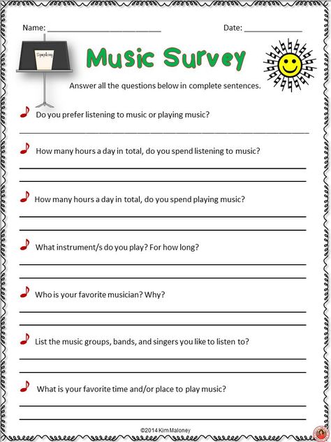 Start the new term/semester/year with these fun surveys for your music students.  Get to know their music background AND their literacy level!   #musedchat     #musiceducation Teaching Choir, Student Survey, Elementary Music Class, Music Teaching Resources, Middle School Music, Elementary Music Lessons, Music Curriculum, Music Lesson Plans, Music Worksheets