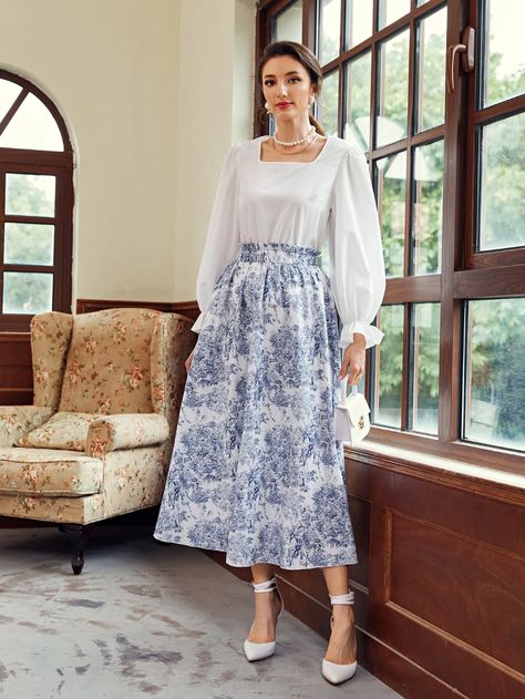 Skirt And Top Outfits, Flounce Sleeve Top, Floral Skirt Outfits, Long Skirt And Top, Long Floral Skirt, White Floral Skirt, Outfits Modest, Skirt And Top Set, Muslimah Fashion Outfits