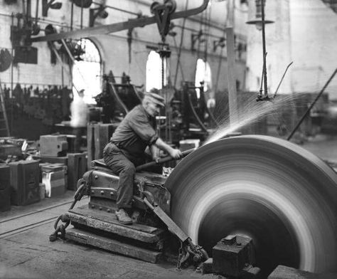 Old-timey grinding wheel with a saddle.  Because bench grinders.are for babies, apparently Blacksmith Tools, Industrial Machinery, Industrial Machine, Industrial Photography, Metal Working Tools, Old Tools, Machine Shop, Vintage Tools, Industrial Revolution