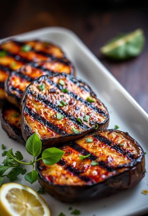 Grilled Eggplant Steaks Eggplant Steaks Vegan, Eggplant Steak, Grill Eggplant, Eggplant Steaks, Grilled Eggplant Recipes, Fried Eggplant Recipes, Vegan Eggplant Recipes, Ube Recipes, Mediterranean Cookbook