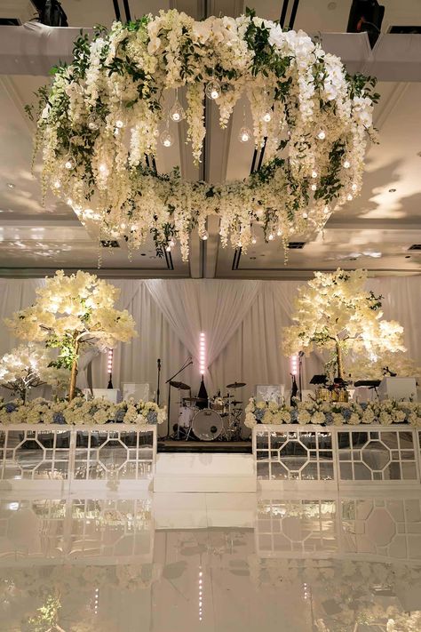 Lauren + Kyle's Luxurious White Wedding at The Ritz-Carlton, Dallas - Perch Decor All White Wedding Decor, Custom Dance Floor, Green Floral Decor, Reception Ceiling, Wedding Furniture Rental, White Dance Floor, Reception Stage Decor, White Wedding Decor, White Dance