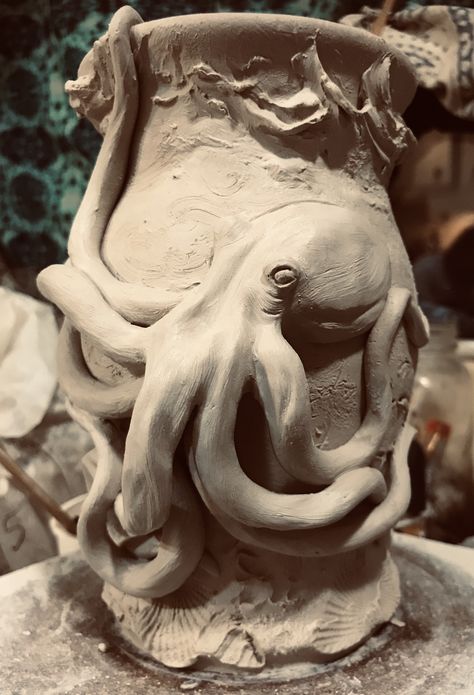 Octopus Coil Pots, Sea Life Clay Sculptures, Octopus Made Out Of Clay, Ocean Clay Sculpture, Gcse Clay Project, Ceramic Art Ocean, Large Clay Sculpture, Ocean Themed Clay Projects, Sea Life Sculpture