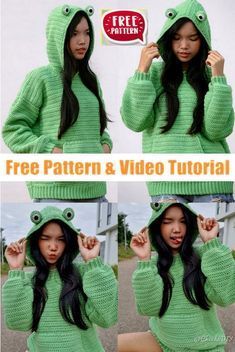 Hoodie Free Pattern, Crochet Primrose, Crochet Practice, Crocheting Clothes, Easy Crochet Sweater, Frog Hoodie, Easy Crochet Ideas, Sweater Free Pattern, Crochet Blouse Pattern