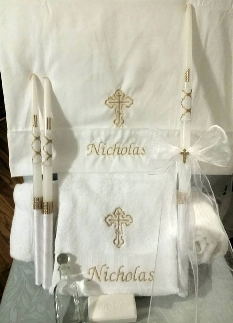 Personalized Baptism Towels, Candles and Oil Sheet for Greek Orthodox Baptism, Bath Towel, Embroidered, Soap and Oil Bottle COMPLETE SET by AlexandersAgape on Etsy Greek Orthodox Baptism, Christening Candle, Baptism Ideas, Glitter Bomb, Baptism Candle, Boy Christening, Boy Baptism, Greek Orthodox, Personalized Candles