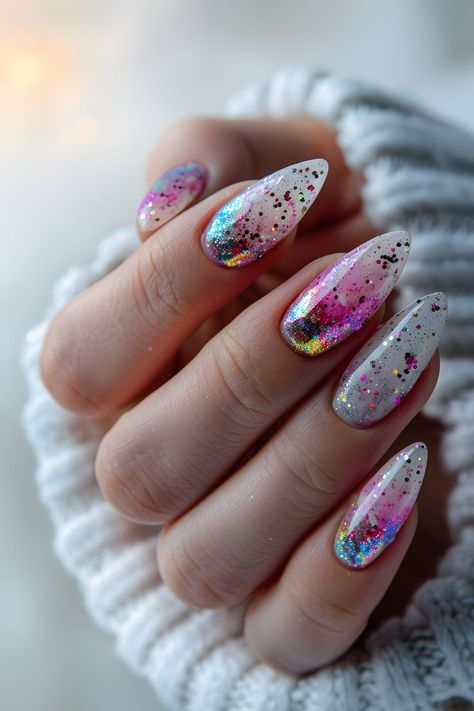 Glitter Nails Rainbow, Spring Summer Nails 2024 Trends, May 2024 Nails, Fun Summer Nails 2024, Irridecent Design Nails, Summer Nail Designs 2024, Bi Nails, June Nails Ideas 2024, Fairytale Nails