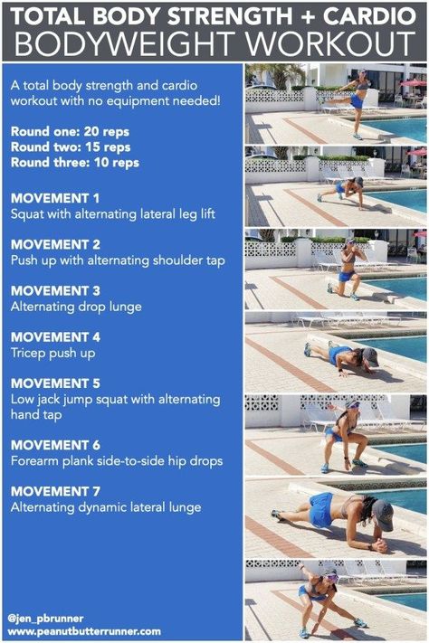 A bodyweight strength and cardio workout that you can do anywhere with no equipment! #exercise #techniques #fitness #weightlosstips #homegym #homeworkouts #health Cardio Burn, Workouts For Beginners, Equipment Workout, Insanity Workout, Boot Camp Workout, Cardio Workouts, Cardio Training, Body Strength, Dumbbell Workout