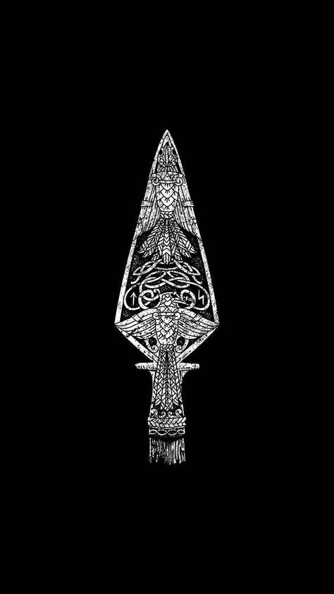 Nordic Berserker Tattoo, Nordic Valkyrie Tattoo, Traditional Spear Tattoo, Traditional Viking Tattoo Design, Odins Spear Tattoo, Viking Tattoo Ideas Norse Mythology, Valkyrie Tattoo Symbols, Mjolnir Tattoo Design, Web Of Wyrd Tattoo