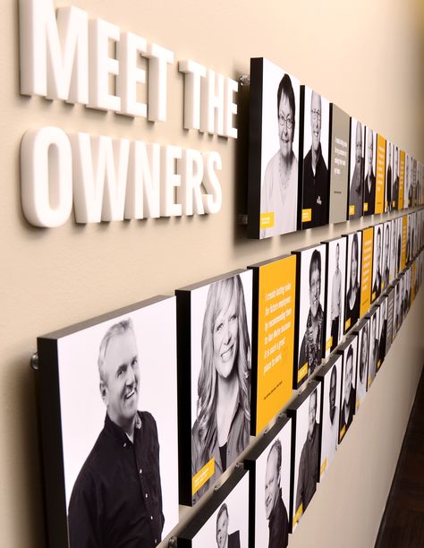 Employee Photo Wall Display, Meet Our Team Bulletin Board Ideas, Degree Wall Display Office, Staff Photo Wall, Branding Wall Design, Wall Of Fame Ideas Offices, Corporate Office Wall Graphics, Employee Photo Wall, Office Entry Design