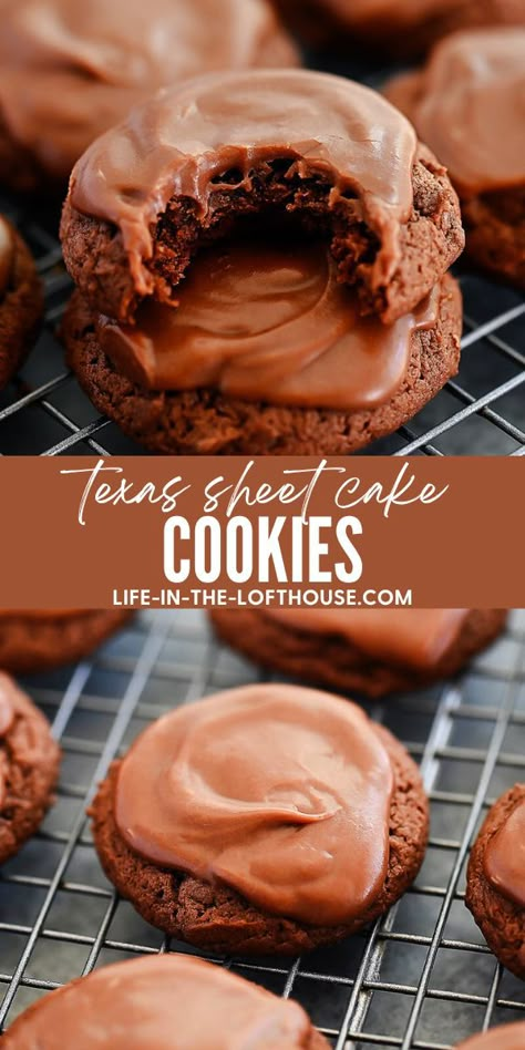 Texas Sheet Cake Cookies Texas Cake Cookies, Chocolate Sheet Cake Cookies, Frosted Chocolate Cookies, Chocolate Cookies With Icing, Texas Sheet Cake Cookies Recipes, Easy Unique Cookie Recipes, Chocolate Cookie Icing, Cake Cookie Recipes, Texas Sheet Cake Bites