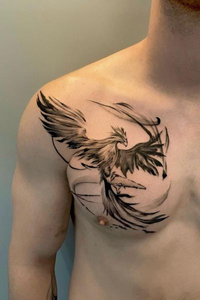 Phoenix Flying Tattoo, Wing Chest Tattoo Men, Phoenix Tattoo Men Arm, Forearm Phoenix Tattoo For Men, Men Tattoo Chest, Transgender Tattoo, A Phoenix Tattoo, Ankle Tattoo Cover Up, Flying Phoenix Tattoo