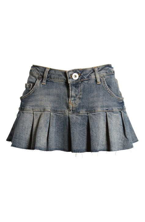 Draw inspiration from the micromini silhouettes of Y2K in this flirty denim skirt meant to be worn low on the waist and finished with a pleated raw-edge hem. 10" center front length; 12" back length (size Large) Exclusive retailer Zip fly with button closure 65% cotton, 35 linen Machine wash, line dry Made in Turkey Denim Skirt Rhinestones, Cute Pleated Skirts, Bedazzled Jean Skirt, Vintage Pieces Clothes, Denim Micro Skirt, Cute Jean Skirts, Maxi Skirt Png, 90s Bottoms, Flowy Denim Skirt