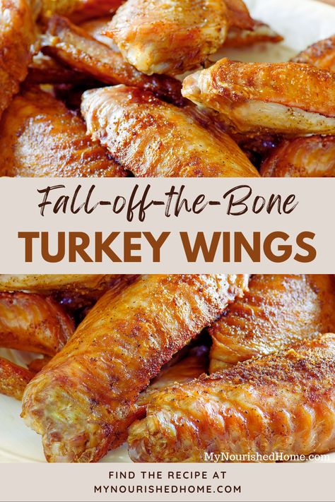 These fall-off-the-bone turkey wings are very easy to bake in the oven. Slow cooking the wings will make the meat more tender. If you have extra time, you can reduce the oven temp to 325 or less and increase your cook time by about 30 minutes. The wings are ready when they reach 165 degrees. Fall Off The Bone Wings Oven Baked, Turkey Ribs Recipes Oven Baked, Fall Off The Bone Turkey Wings, Roasted Turkey Wings In Oven, Best Baked Turkey Wings Recipe, Cooking Turkey Wings In Oven, Brine Turkey Wings, Turkey Wings Thanksgiving, Turkey Wing Brine