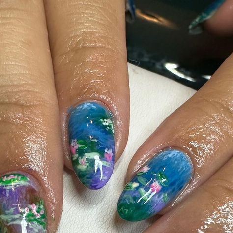 livs nail laundry on Instagram: "being a lil art history nerd, these monet-inspired nails will always hold a special place in my heart 🤍💙 #nails #nailart #monet #monetnails #nailtech #melbournenailtech #melbournenails" Monet Inspired Nails, Monet Nailart, Claude Monet Nails, Monet Nails, Nerd Nails, Monet Inspired, Magic Nails, Monet Art, Water Lilly