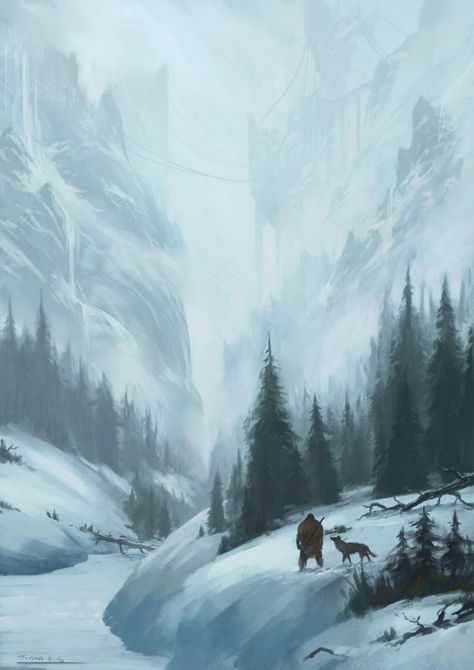 Peep those small cable car lines or bridges, ignore the trees. Snow Forest Fantasy Art, Winter World Fantasy Art, Winter Forest Fantasy Art, Winter Kingdom, Fantasy Locations, 숲 사진, Fantasy Settings, Icewind Dale, Nordic Mythology