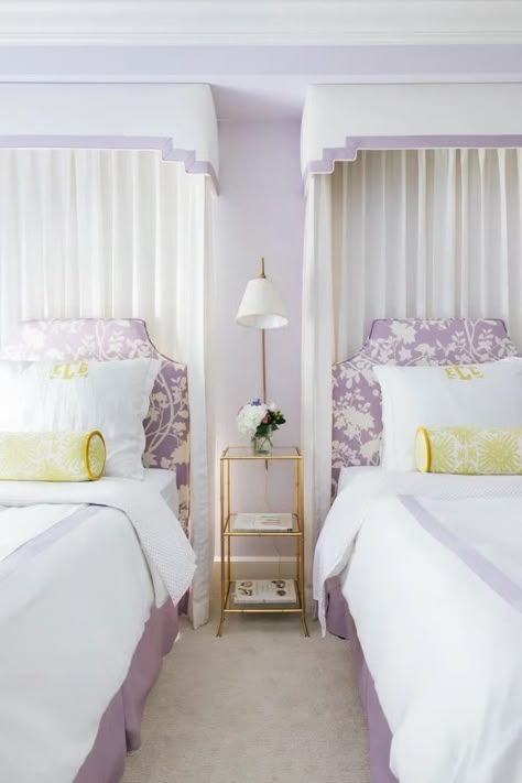 Yellow Girl Bedroom, Grandmillenial Girls Bedroom, Lavender And Blue Bedroom, Lavender And Yellow Bedroom, Lavender Headboard, Purple Accent Bedroom, Twin Bed Guest Room Ideas, Matching Twin Beds, Light Purple Bedroom Ideas