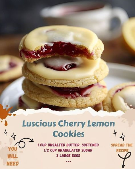 Recipes Fire Luscious Cherry Lemon Cookies, Lemon Cherry Cookies, Cherry Cookies, Lemon Cookies, No Sugar Foods, Cookies Ingredients, Granulated Sugar, Unsalted Butter, 1 Cup