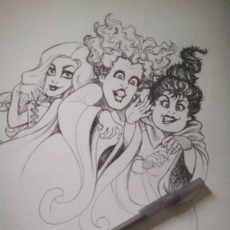 Sanderson Sisters Illustration, Hocus Pocus Sketch, Sanderson Sisters Drawing, Sanderson Sisters Tattoo, Sanderson Sisters Art, Hocus Pocus Drawing, Halloween Draw, Hermanas Sanderson, Hocus Pocus Winifred