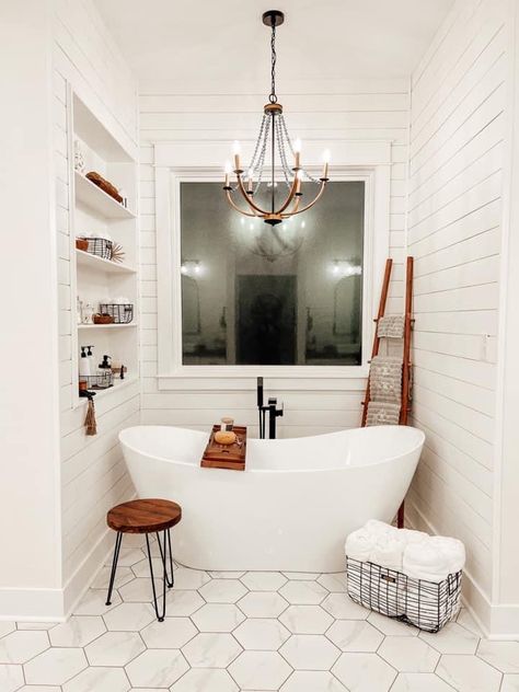 Master Bathtub Remodel, Modern Bathroom With Soaking Tub, Bathroom Ideas Freestanding Bath, Modern Soaker Tub, Soak Tub Bathroom Ideas, Angled Tub Master Bath, Modern Farmhouse Bathroom With Tub, Small Bathroom With Soaker Tub, Tub Only Bathroom