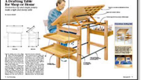 Cameron Russell knockdown drafting table makes a good beginner’s project. The table is comfortable to use, and has accessory trays that attach to the legs for easy access. The construction process is simple, and the hardware is readily available. The torsion-box top is rigid and dead flat, yet light and portable. Multiple drawings help show the construction details.From Fine Woodworking #123 Design Desks, Drawing Desk, Woodworking Projects Furniture, Desk Plans, Drafting Table, Drawing Table, Woodworking Patterns, Woodworking Joints, Diy Holz