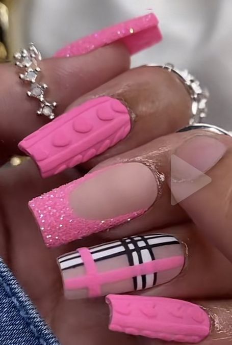 February Nail Designs 2024, Pink Plaid Nail Designs, Valentines Nails Designs Short, Nails Designs Short, Valentines Nails Designs, Plaid Nail Designs, Designs For Short Nails, Multicolored Nails, Statement Nail