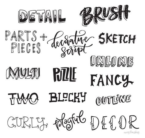 Freebie: Hand Lettering Style Inspiration Guide | Every-Tuesday                                                                                                                                                                                 More Doodle Lettering Handwriting, Different Calligraphy Styles, Hand Lettering Ideas, Doodle Letters Alphabet, Lettering Idea, Handlettering Inspiration, Different Lettering Styles, Different Lettering, Design Alphabet