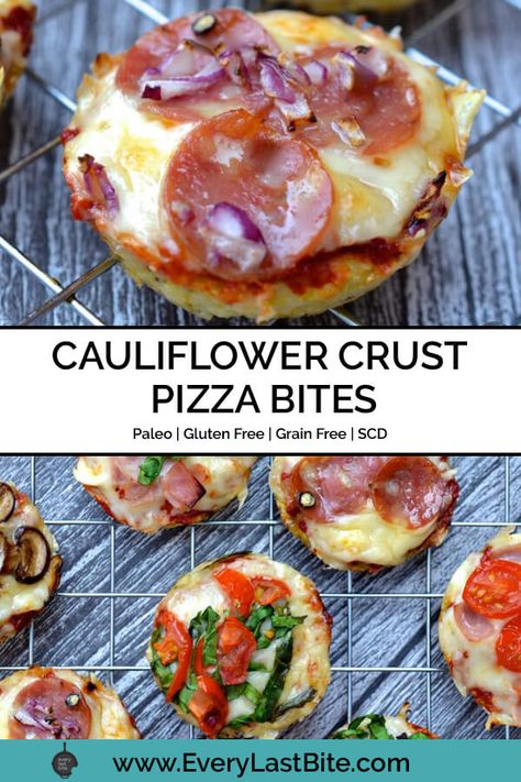 Paleo Pizza Bites, Healthy Pizza Muffins, Gluten Free Cauliflower Bites, Gaps Dinner, Gluten Free Pizza Bites, Pizza Muffins Recipe, Cauliflower Pizza Bites, Specific Carbohydrate Diet Recipes, Cauliflower Pizza Crust Recipe