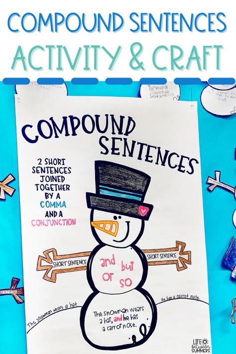 This resource teaches kids how to produce and expand simple sentences into compound ones with a fun winter theme. This grammar activity is so much fun. You will get a compound sentence anchor chart, snowman craft and winter themed task cards for write the room. This literacy activity is great for literacy centers. Use this language arts resource for guided reading groups, readers workshop or just as a fun winter craft. Sentence Anchor Chart, Simple And Compound Sentences, Ela Anchor Charts, Writing Craftivity, Sentence Activities, Compound Sentences, Sentence Examples, Complex Sentences, Math Vocabulary