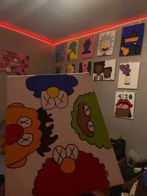 Kaws Elmo Painting, Kaw Paintings, Big Canvas Painting Ideas Big Canvas Painting Ideas Acrylic, Kaws Flower Painting, Elmo Kaws, Hello Kitty X Kaws Painting, Kaw Paintings On Canvas, Pink Kaws Canvas Painting, Painting Ideas Kaws