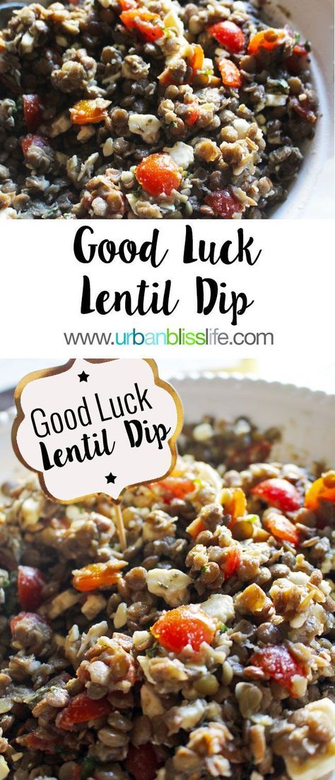 Good Luck Lentil Dip Recipe is hearty, nutritious, and delicious! Recipe on UrbanBlissLife.com Lentil Dip Recipe, Lentil Dip, New Years Eve Snacks, New Years Eve Dessert, New Years Appetizers, New Year's Eve Appetizers, New Years Eve Food, Popular Appetizers, New Years Eve Dinner