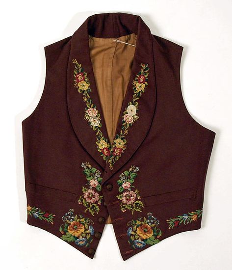 Waistcoat, mid-1840s, British. Men's waistcoats are what we know of as a vest. The waistcoat was the most decorative piece of men's dress. They were often decorated in the front but then solid in the back with buckled adjusters. Brown Waistcoat, Embroidered Waistcoat, Mens Waistcoat, Romantic Period, Estilo Hippie, Brown Vest, Medieval Clothing, Costume Institute, Fantasy Clothing