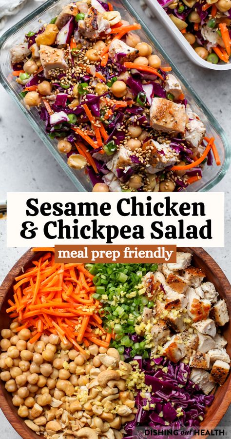 Sesame Chicken and Chickpea Salad with chopped cabbage, green onion, and roasted cashews. Make-ahead friendly, this filling   flavorful salad is perfect for healthy weekday lunches. via @https://www.pinterest.com/jamievespa/ Paleo Cabbage Salad, Weekday Salad Lunch, Cabbage Salad Meal Prep, Cabbage Salad With Chicken, Protein Salads For Lunch, Quinoa Chicken Salad Recipes, Healthy Chicken Salad Meal Prep, Autumn Salad Recipes Healthy, Chopped Salad Recipes Cabbage