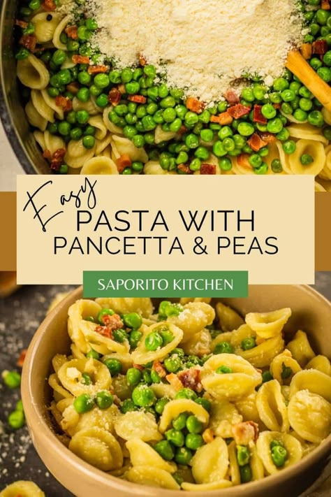 This easy pasta with pancetta and peas is a 30 minute recipe that is perfect for a weeknight dinner. Orecchiette pasta is mixed with crispy pancetta pieces, green peas and grated parmesan cheese. #easydinnerrecipes #pastapancettapeas #easypastadinner Pasta And Peas Recipe Italian, Pancetta And Peas Pasta, Panchetta Recipes Pasta, Pasta Peas Recipe, Pasta And Peas Italian, Peas And Pasta Recipe, Orchetta Pasta Recipes, Orchetta Pasta, Orichette Pasta Recipes