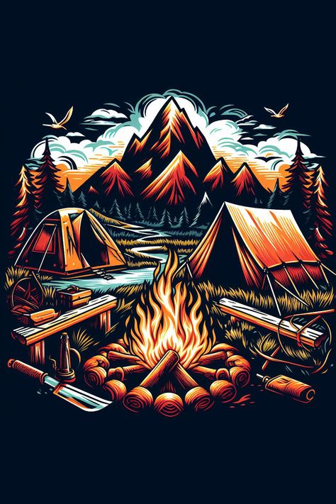 A campfire burns brightly in the midst of a wilderness setting, surrounded by trees and the beauty of nature. Hiking Shirt Design, Campfire Design, Bear Claw Tattoo, Graffiti Canvas Art, Typography Shirt Design, Adventurous Design, Scary Christmas, Camping Nature, Hiking Photography