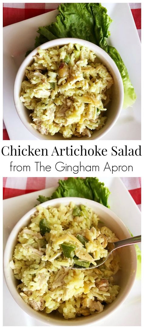 Chicken Artichoke Salad- a unique twist on Chicken Salad that is simply delicious! The green olives, rice, and artichokes make this so yummy. #chickensalad #sandwich #light #summerlunch Chicken Artichoke Salad, Artichoke Chicken Salad, Chicken Artichoke, Artichoke Salad, Gingham Apron, Artichoke Chicken, Artichoke Recipes, Chicken With Olives, Summer Lunch