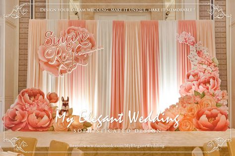 Color Theme: Coral Draping Ideas, Debut Ideas, Wedding Stage Backdrop, Wedding Background Decoration, Coral Decor, Mom Party, Stage Backdrop, Coral Wedding, Peach Wedding