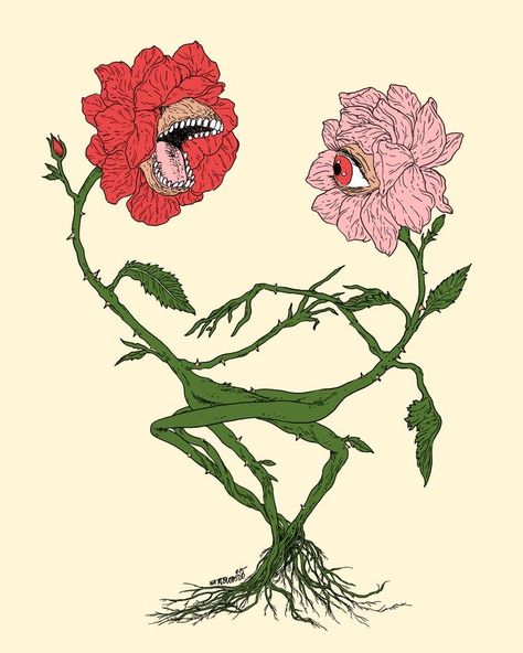 Surreal Plant Art, Creepy Garden Drawing, Weird Flowers Drawing, Weird Plant Tattoo, Weird Flower Art, Weird Nature Tattoos, Creepy Flower Art, Weird Plants Drawing, Scary Plant Drawing