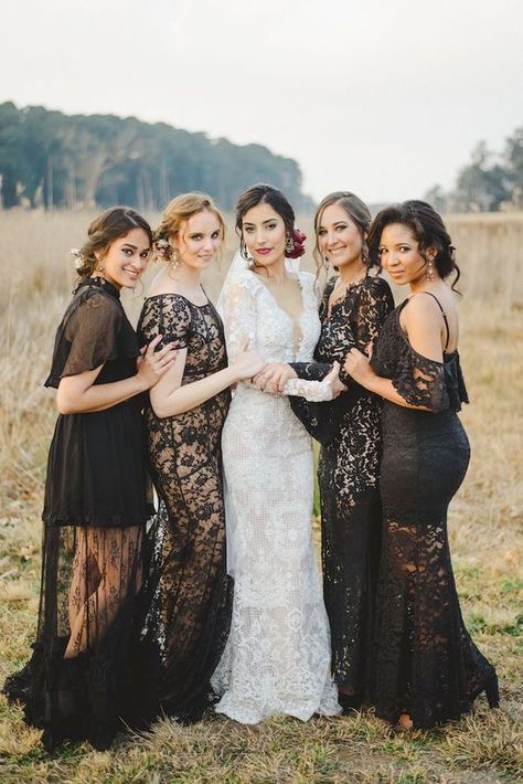 Black Lace Bridesmaid Dresses photo by Roxanne Davison Bridesmaids In Black, Black Lace Bridesmaid Dress, Black Bridesmaid Dresses Long, Baroque Wedding, Inspiration Photoshoot, Black Bridesmaid, Bridesmaid Dresses Long, Black Bridesmaids, Bridesmaid Dress Styles