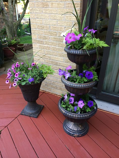 Three tier Planter! Tiered Planters Outdoor, Tiered Potted Plants, 3 Tier Planter Ideas, 3 Tier Flower Planter Ideas, Three Tier Planter Ideas, Two Tier Planter, Three Tier Flower Planter, Stacked Terra Cotta Pots Tiered Planter, Pieris Japonica