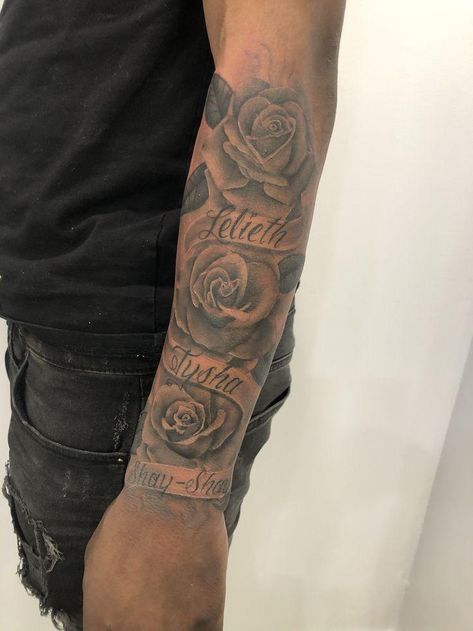 My Moms Keeper Tattoo, Half Sleeve Tattoos For Guys Forearm, Outside Forearm Tattoo Men Sleeve, Front Forearm Tattoo, Lighting Tattoo Design, Outer Bicep Tattoo Men, Rare Tattoos Men Forearm, Banner Tattoos, Family Name Tattoos